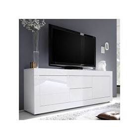 Tousmesmeubles Meuble TV 2 Portes 2 tiroirs Blanc laqué Brillant - Matera - L 210 x l 43 x H 66 cm - Neuf