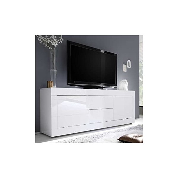 Tousmesmeubles Meuble TV 2 Portes 2 tiroirs Blanc laqué Brillant - Matera - L 210 x l 43 x H 66 cm - Neuf