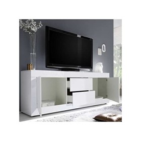 Tousmesmeubles Meuble TV 2 Portes 2 tiroirs Blanc laqué Brillant - Matera - L 210 x l 43 x H 66 cm - Neuf