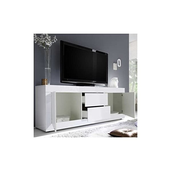 Tousmesmeubles Meuble TV 2 Portes 2 tiroirs Blanc laqué Brillant - Matera - L 210 x l 43 x H 66 cm - Neuf