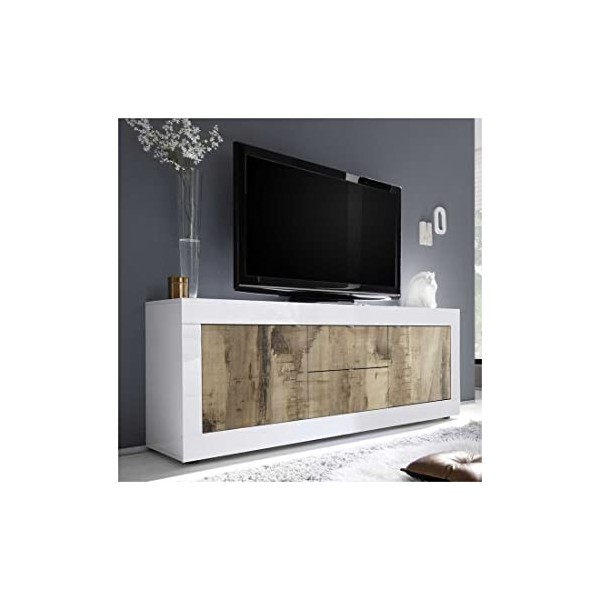 Tousmesmeubles Meuble TV 2 Portes 2 tiroirs Blanc/Planches Bois - Matera - L 210 x l 43 x H 66 cm - Neuf