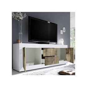 Tousmesmeubles Meuble TV 2 Portes 2 tiroirs Blanc/Planches Bois - Matera - L 210 x l 43 x H 66 cm - Neuf