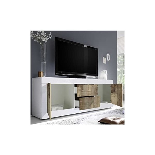 Tousmesmeubles Meuble TV 2 Portes 2 tiroirs Blanc/Planches Bois - Matera - L 210 x l 43 x H 66 cm - Neuf
