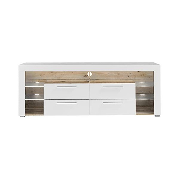 Meuble TV en MDF coloris Blanc brillant, bois vieilli - Longueur 179 x Hauteur 66 x profondeur 44 cm -PEGANE-