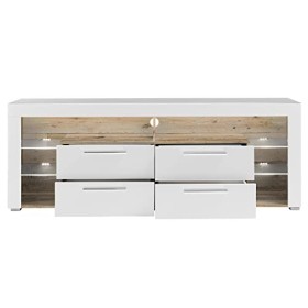 Meuble TV en MDF coloris Blanc brillant, bois vieilli - Longueur 179 x Hauteur 66 x profondeur 44 cm -PEGANE-