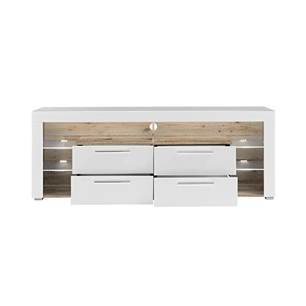 Meuble TV en MDF coloris Blanc brillant, bois vieilli - Longueur 179 x Hauteur 66 x profondeur 44 cm -PEGANE-