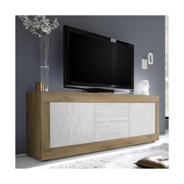 Tousmesmeubles Meuble TV 2 Portes 2 tiroirs Chêne Noisette/Blanc Neige - Matera - L 210 x l 43 x H 66 cm - Neuf