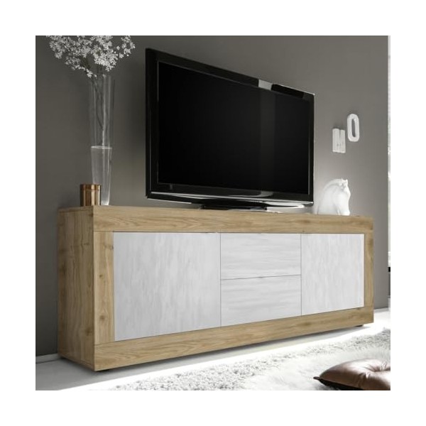 Tousmesmeubles Meuble TV 2 Portes 2 tiroirs Chêne Naturel/Blanc Neige - Matera - L 210 x l 43 x H 66 cm - Neuf