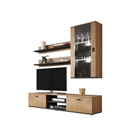 Soho V Meuble mural mural pour salon avec éclairage LED RVB, chêne Lefkas et chêne Lefkas + noir 