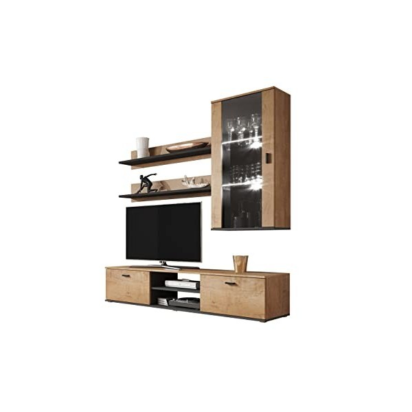 Soho V Meuble mural mural pour salon avec éclairage LED RVB, chêne Lefkas et chêne Lefkas + noir 