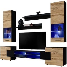 ExtremeFurniture Luck Meuble TV, Carcasse en Wotan Mat/Façade en Gris Brillant + LED Bleues