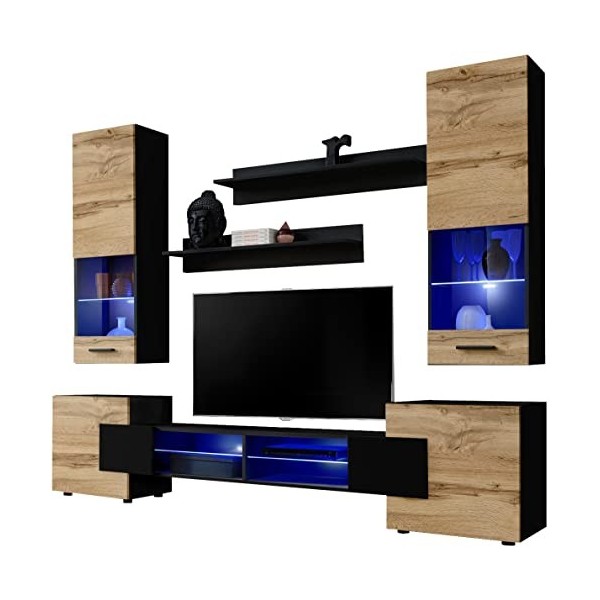 ExtremeFurniture Luck Meuble TV, Carcasse en Wotan Mat/Façade en Gris Brillant + LED Bleues
