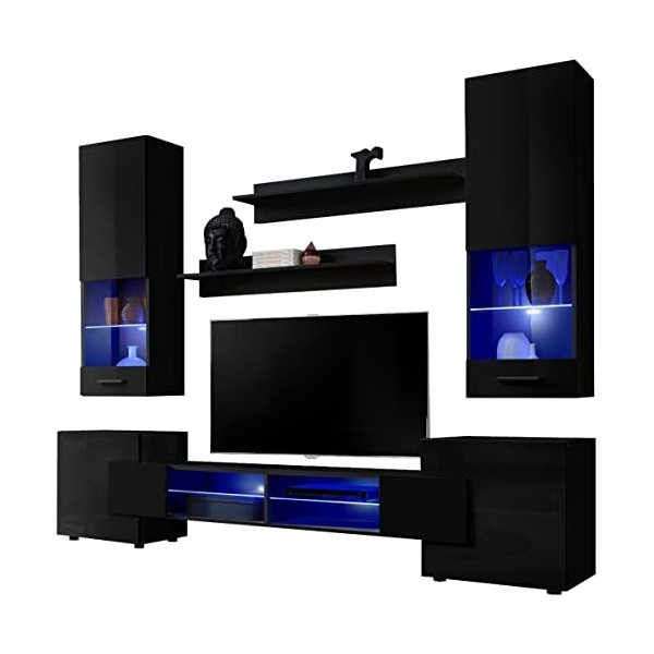 ExtremeFurniture Luck Meuble TV, Carcasse en Wotan Mat/Façade en Gris Brillant + LED Bleues
