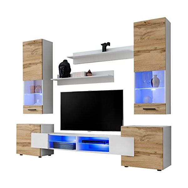ExtremeFurniture Luck Meuble TV, Carcasse en Wotan Mat/Façade en Gris Brillant + LED Bleues