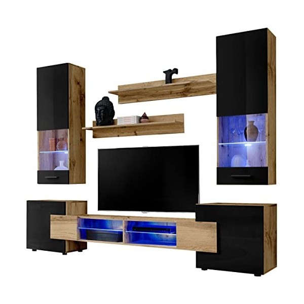 ExtremeFurniture Luck Meuble TV, Carcasse en Wotan Mat/Façade en Gris Brillant + LED Bleues