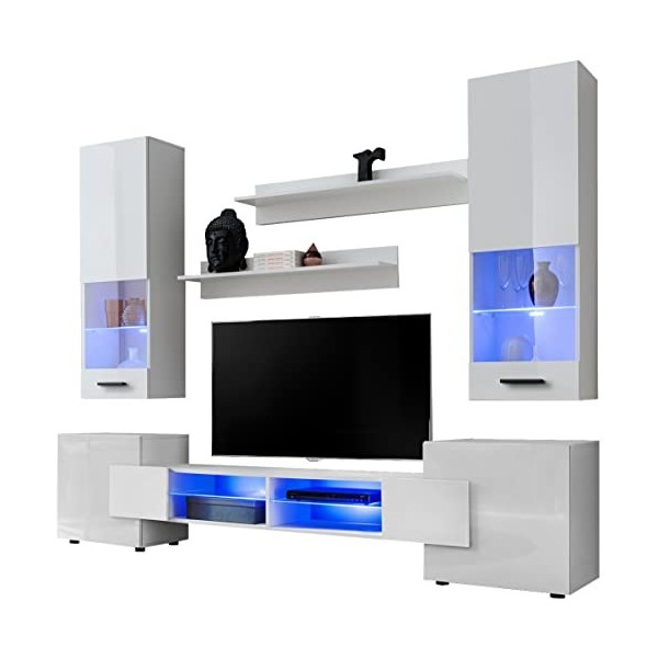 ExtremeFurniture Luck Meuble TV, Carcasse en Wotan Mat/Façade en Gris Brillant + LED Bleues