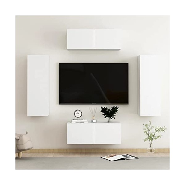 LEDSIX Ensemble de meubles TV 4 pièces en bois blanc pour centres de divertissement et meubles TV