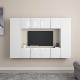 Meuble TV Mural avec Compartiments 8pcs, Cabinet pour Salon DVD CD AV Equipement, Classique, Blanc Brillant