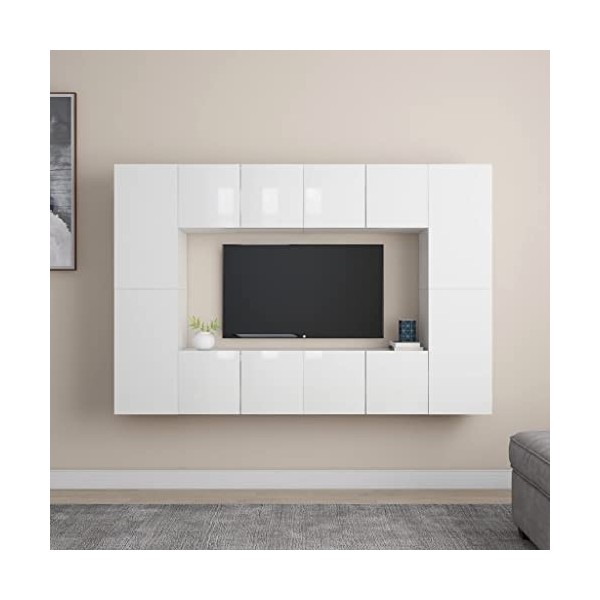 Meuble TV Mural avec Compartiments 8pcs, Cabinet pour Salon DVD CD AV Equipement, Classique, Blanc Brillant