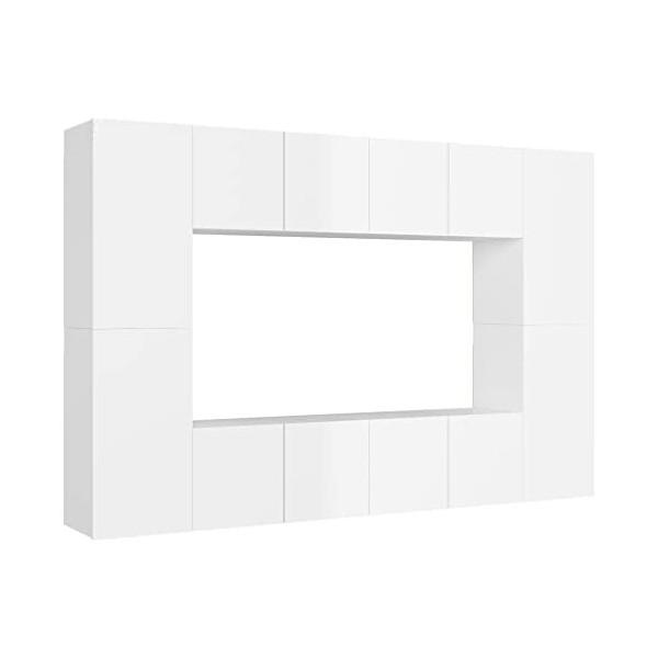 Meuble TV Mural avec Compartiments 8pcs, Cabinet pour Salon DVD CD AV Equipement, Classique, Blanc Brillant