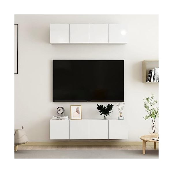 TECHPO Home Hardware Businese Lot de 4 meubles TV en bois Blanc brillant 60 x 30 x 30 cm