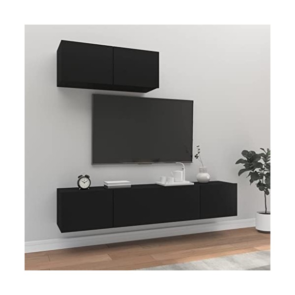 WOODEY Meuble TV 3 pièces en bois noir