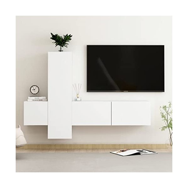 CUTSKY Meuble TV 3 pièces en bois dingénierie blanc