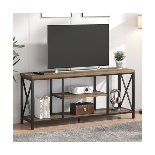 FOLUBAN Meuble TV pour TV jusquà 65 pouces, en bois rustique et en métal avec étagères de rangement, table console multimédi