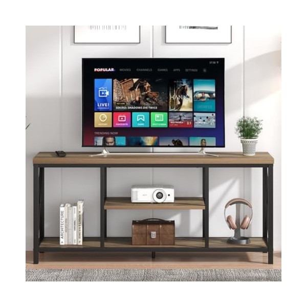 FOLUBAN Meuble TV pour TV jusquà 65 pouces, en bois rustique et en métal avec étagères de rangement, table console multimédi