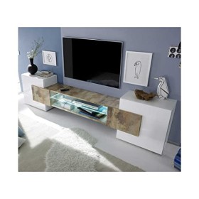 Tousmesmeubles Meuble TV 2 Portes laqué Blanc Brillant/Bois fumé à LEDs - CATANE - L 258 x l 37 x H 61 cm - Neuf