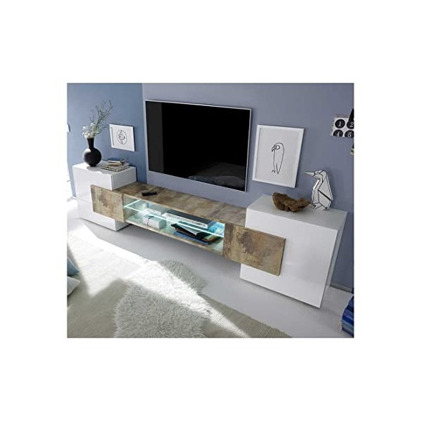 Tousmesmeubles Meuble TV 2 Portes laqué Blanc Brillant/Bois fumé à LEDs - CATANE - L 258 x l 37 x H 61 cm - Neuf