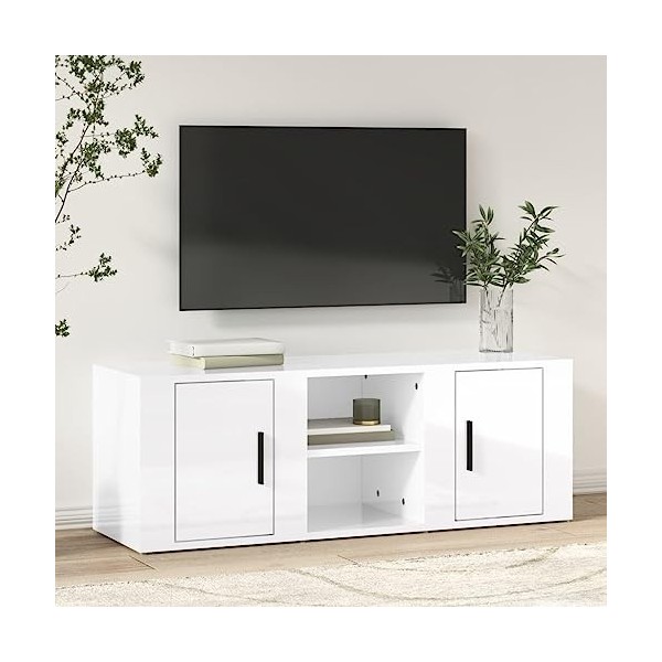 Higsose Meuble TV Salon Blanc Brillant 100x31,5x35 cm Bois dingénierie Design Tendance Armoire Multimédia Grand Espace de Ra