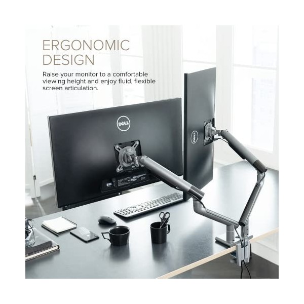 POUT Eyes 12 Bras de moniteur double en aluminium – Support de bureau pivotant entièrement réglable à mouvement complet – Sup