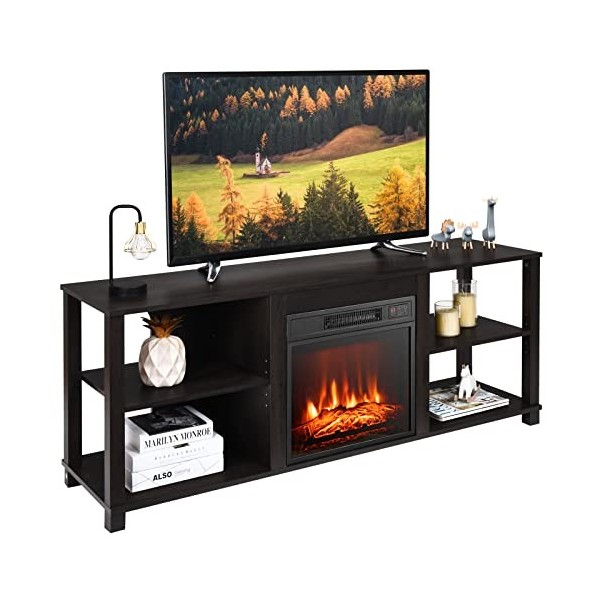 GOPLUS Meuble TV avec 4 Étagères Ouvertes et Réglables, Meuble de Rangement avec Tablette Spacieuse pour Télé Jusquà 60",Com