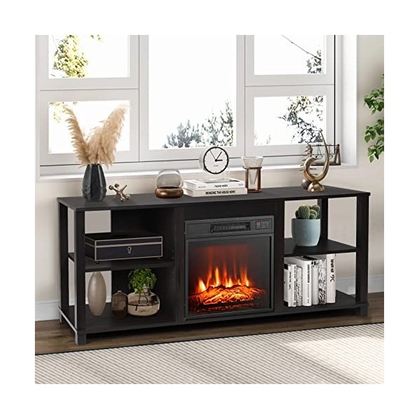 GOPLUS Meuble TV avec 4 Étagères Ouvertes et Réglables, Meuble de Rangement avec Tablette Spacieuse pour Télé Jusquà 60",Com