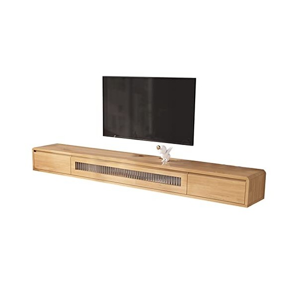 JUNNIU Meuble TV Mural Meuble TV en Bois Massif, Console multimédia Murale avec 2 tiroirs, étagère Flottante pour Composants 