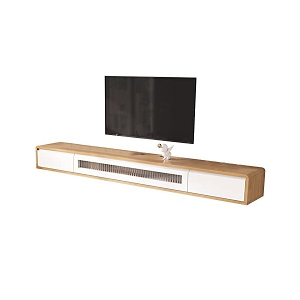 JUNNIU Meuble TV Mural Meuble TV en Bois Massif, Console multimédia Murale avec 2 tiroirs, étagère Flottante pour Composants 