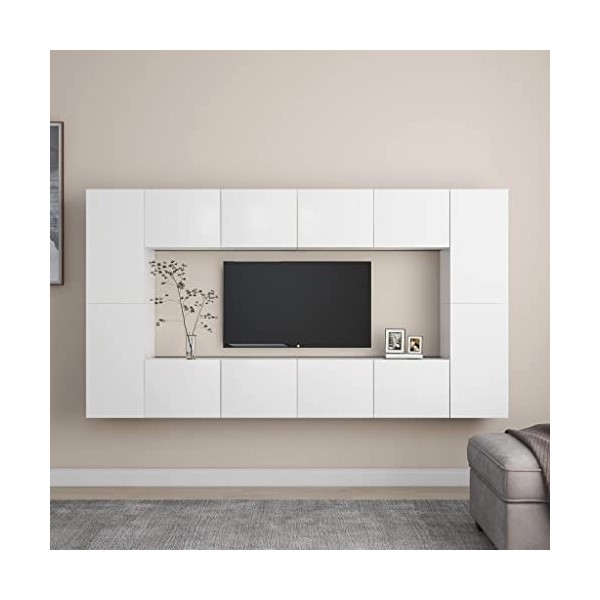 Meuble TV Mural Support TV pour télévision avec Compartiments 8pcs, Meuble de Rangement TV Table pour Salon, Moderne, Blanc