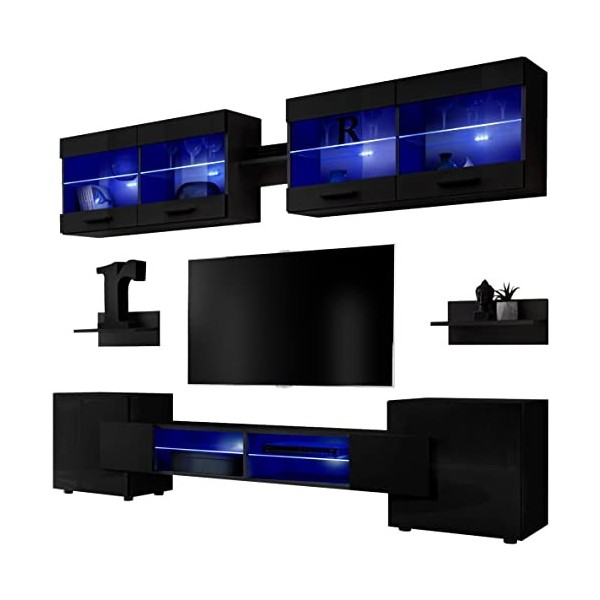 ExtremeFurniture Vision Ensemble Meuble TV Mural de Salon | 2 vitrines suspendues, 3 étagères murales et 1 Meuble TV | RGB | 
