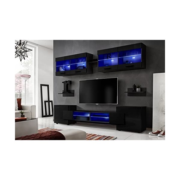 ExtremeFurniture Vision Ensemble Meuble TV Mural de Salon | 2 vitrines suspendues, 3 étagères murales et 1 Meuble TV | RGB | 