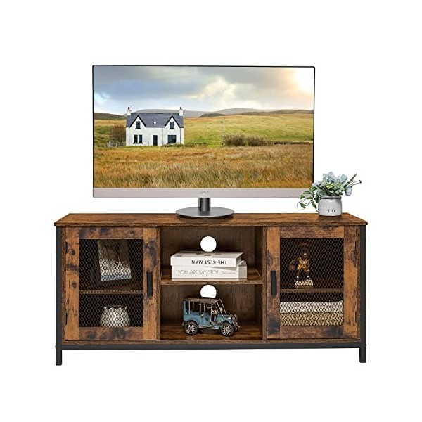 USIKEY Meuble TV avec 2 étagères ouvertes et 2 portes, centre de divertissement industriel, console TV pour télévision de 50 