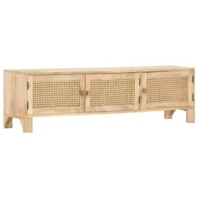 finlon Meuble TV en Bois 140x40 cm avec Cannage Naturel |Support pour Meuble TV Console en Bois Et Cannage-Brun
