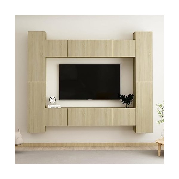 Tidyard Ensemble de Meubles TV Lot de 8 Chêne Sonoma Aggloméré, Banc TV avec Compartiments de Stockage, Montage Mural Support