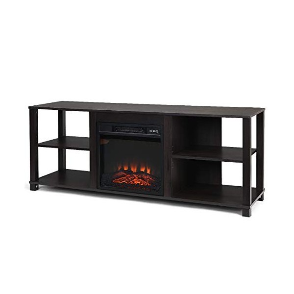 COSTWAY Meuble TV pour Cheminée Électrique, Support de Télévision, avec 2 Étagères Réglables, Buffet Bas, avec Compartiments