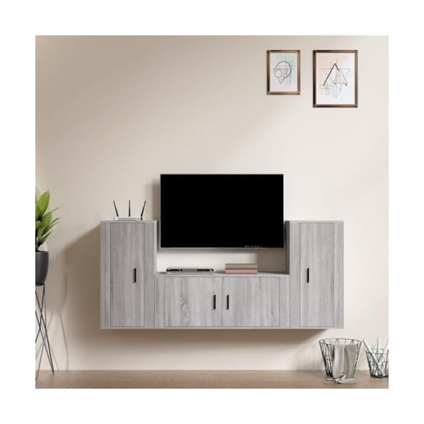 WOODEY Meuble TV 3 pièces Gris Sonoma Meuble en bois dingénierie