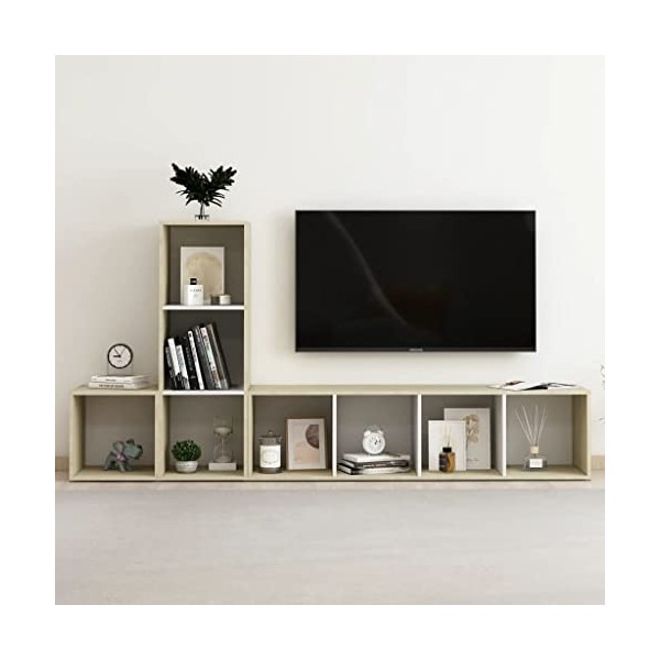WOODEY Meuble TV 3 pièces Blanc et chêne Sonoma Meuble en bois dingénierie