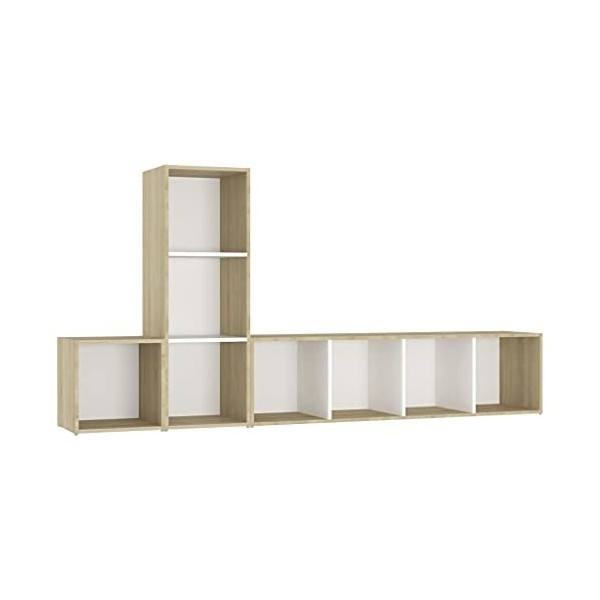 WOODEY Meuble TV 3 pièces Blanc et chêne Sonoma Meuble en bois dingénierie
