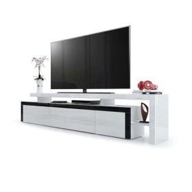 Vladon Meuble TV Bas Leon V3, Corps en Blanc Haute Brillance/Façades en Blanc Haute Brillance avec Une bodure en Noir Haute B