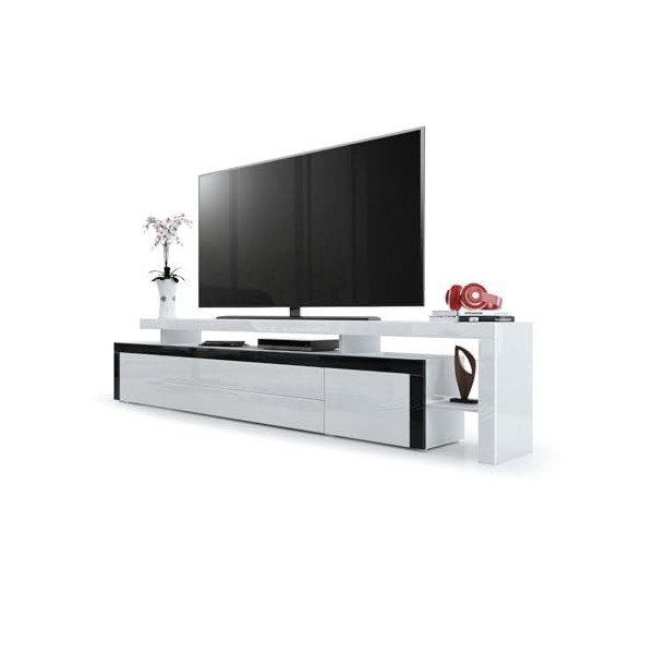 Vladon Meuble TV Bas Leon V3, Corps en Blanc Haute Brillance/Façades en Blanc Haute Brillance avec Une bodure en Noir Haute B