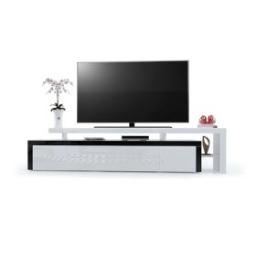 Vladon Meuble TV Bas Leon V3, Corps en Blanc Haute Brillance/Façades en Blanc Haute Brillance avec Une bodure en Noir Haute B